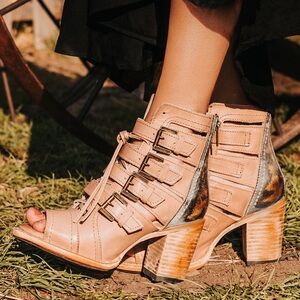 Freebird Pink and Black Heeled Boots with Buckles